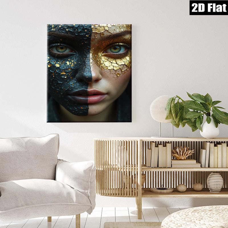 2D flat 1pc Golden Shadow Portrait Face Art Modern Wall Decor Living Room Bedroom Canvas Print Home Office Art Gallery Wrapped Frameless Teal Accent