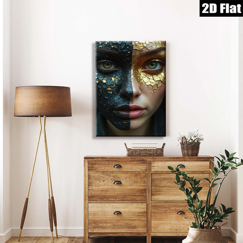 2D flat 1pc Golden Shadow Portrait Face Art Modern Wall Decor Living Room Bedroom Canvas Print Home Office Art Gallery Wrapped Frameless Teal Accent