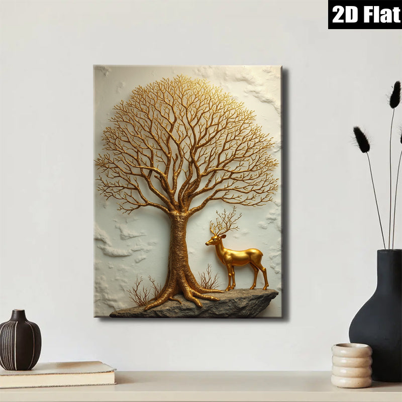 2D flat 1pc Golden Tree Deer Wall Art Canvas Prints Modern Farmhouse Decor Living Room Bedroom Home Office Gallery Wrapped Timeless Style Trending Now