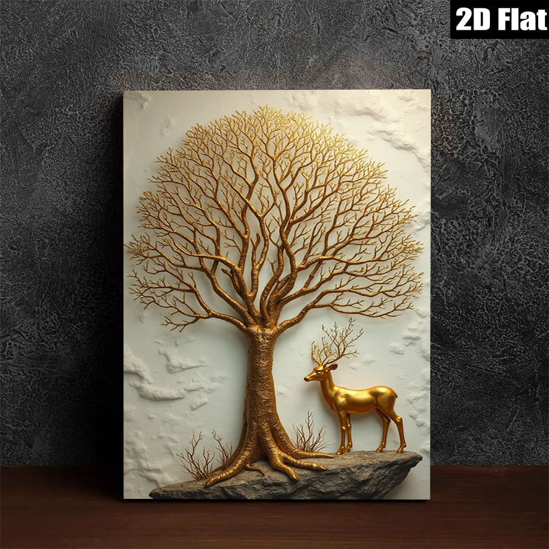 2D flat 1pc Golden Tree Deer Wall Art Canvas Prints Modern Farmhouse Decor Living Room Bedroom Home Office Gallery Wrapped Timeless Style Trending Now