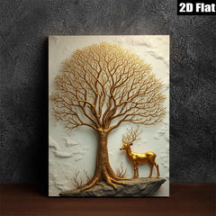 2D flat 1pc Golden Tree Deer Wall Art Canvas Prints Modern Farmhouse Decor Living Room Bedroom Home Office Gallery Wrapped Timeless Style Trending Now
