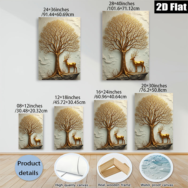 2D flat 1pc Golden Tree Deer Wall Art Canvas Prints Modern Farmhouse Decor Living Room Bedroom Home Office Gallery Wrapped Timeless Style Trending Now