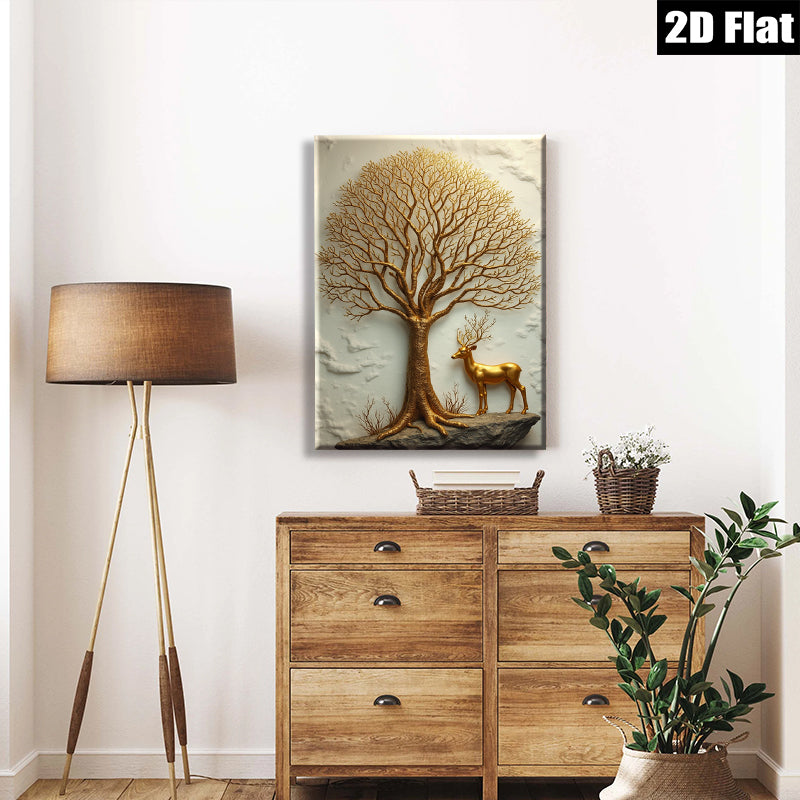 2D flat 1pc Golden Tree Deer Wall Art Canvas Prints Modern Farmhouse Decor Living Room Bedroom Home Office Gallery Wrapped Timeless Style Trending Now