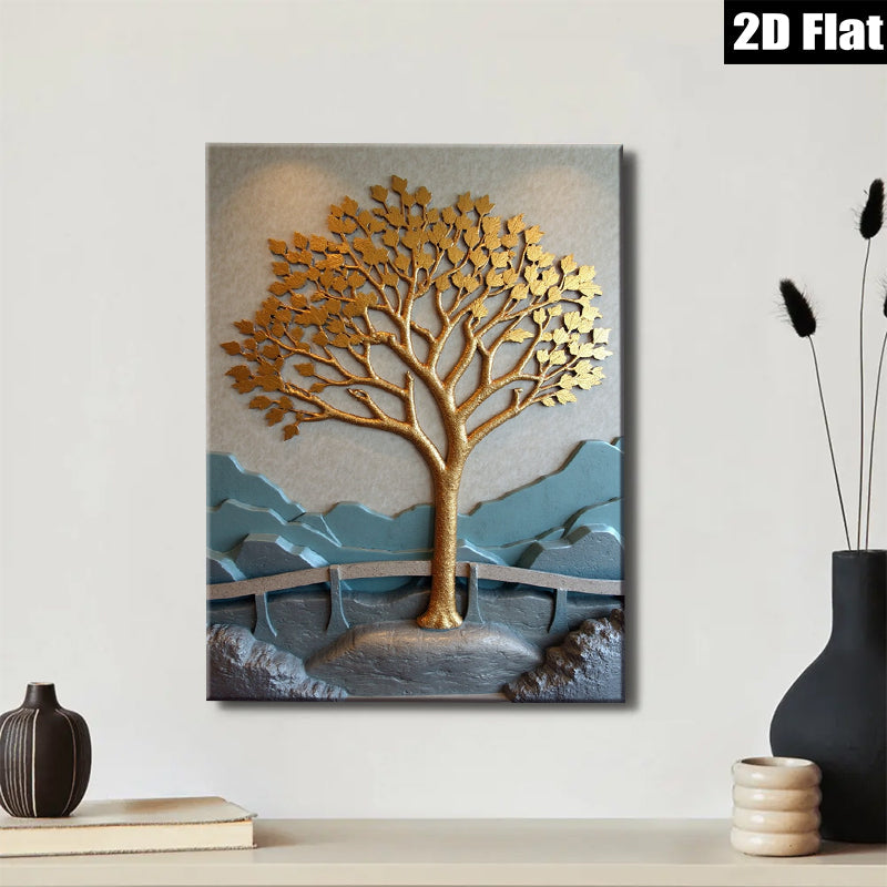 2D flat 1pc Golden Tree Landscape Wall Art for Living Room Bedroom Home Decor Modern Farmhouse Style Gallery Wrapped Canvas Prints Ready to Hang