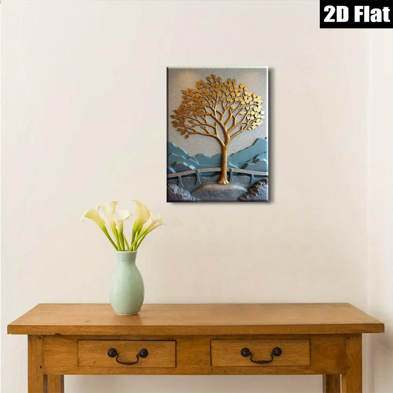 2D flat 1pc Golden Tree Landscape Wall Art for Living Room Bedroom Home Decor Modern Farmhouse Style Gallery Wrapped Canvas Prints Ready to Hang