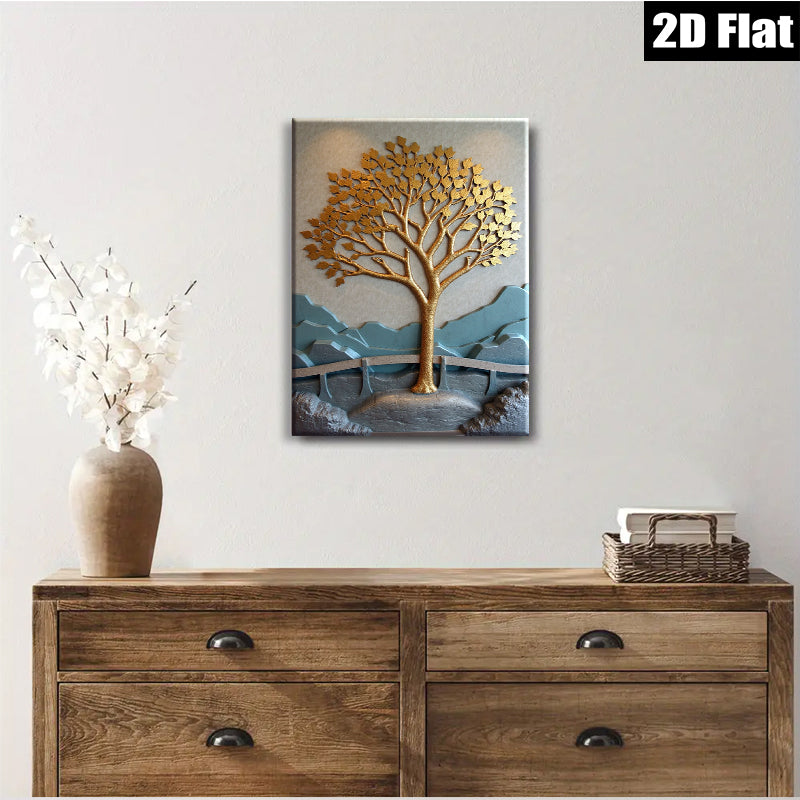 2D flat 1pc Golden Tree Landscape Wall Art for Living Room Bedroom Home Decor Modern Farmhouse Style Gallery Wrapped Canvas Prints Ready to Hang