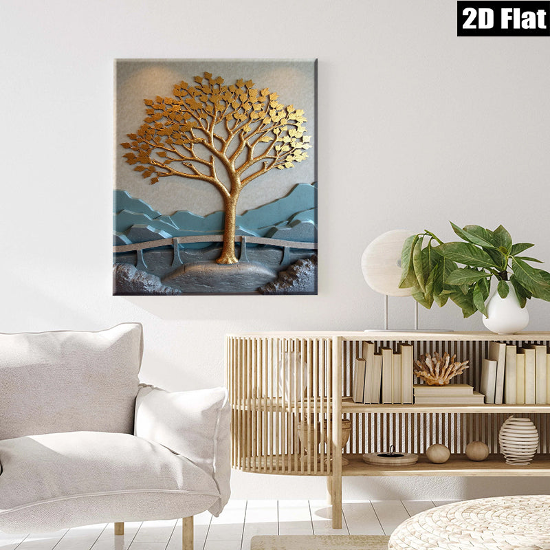 2D flat 1pc Golden Tree Landscape Wall Art for Living Room Bedroom Home Decor Modern Farmhouse Style Gallery Wrapped Canvas Prints Ready to Hang