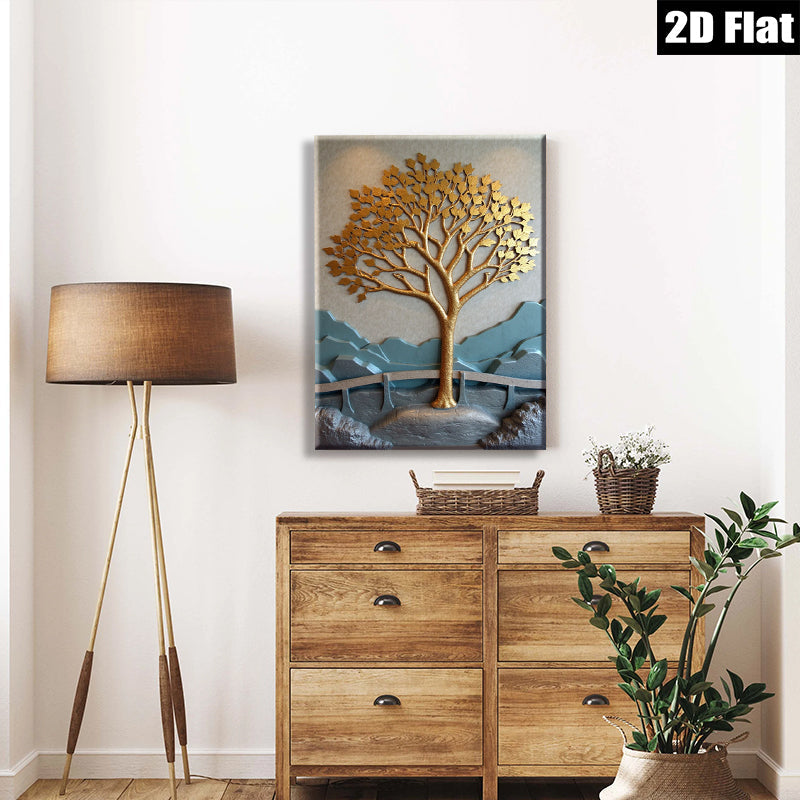 2D flat 1pc Golden Tree Landscape Wall Art for Living Room Bedroom Home Decor Modern Farmhouse Style Gallery Wrapped Canvas Prints Ready to Hang
