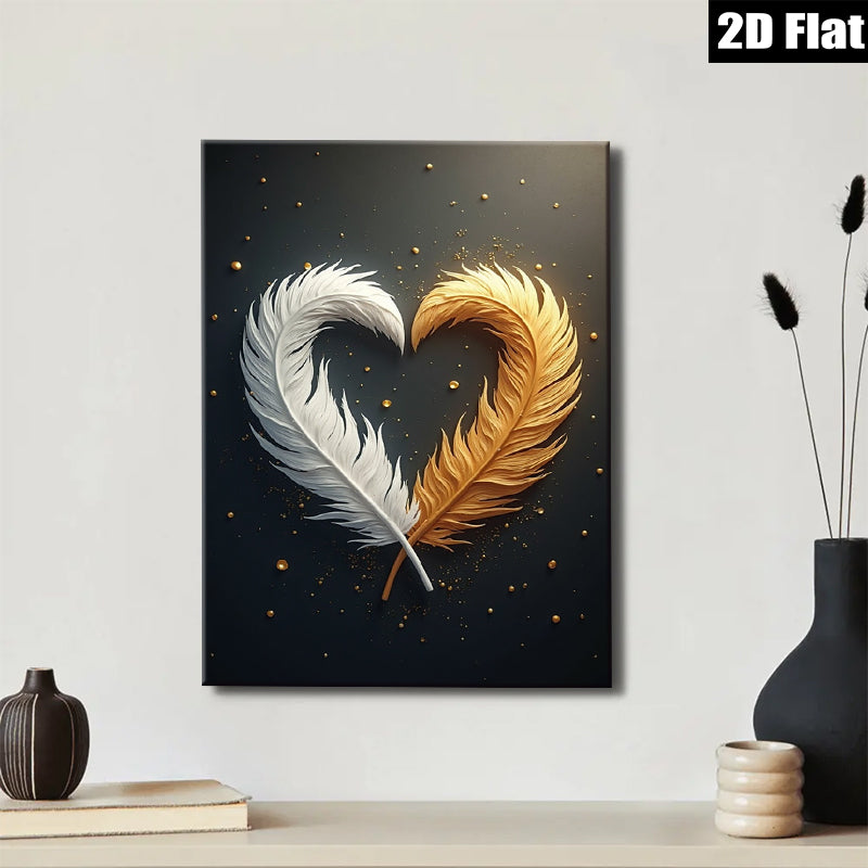 2D flat 1pc Golden White Feather Heart Wall Art Canvas Prints for Living Room Bedroom Modern Farmhouse Decor Gallery Wrapped Ready to Hang Teal Navy Gray