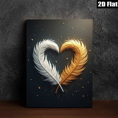 2D flat 1pc Golden White Feather Heart Wall Art Canvas Prints for Living Room Bedroom Modern Farmhouse Decor Gallery Wrapped Ready to Hang Teal Navy Gray