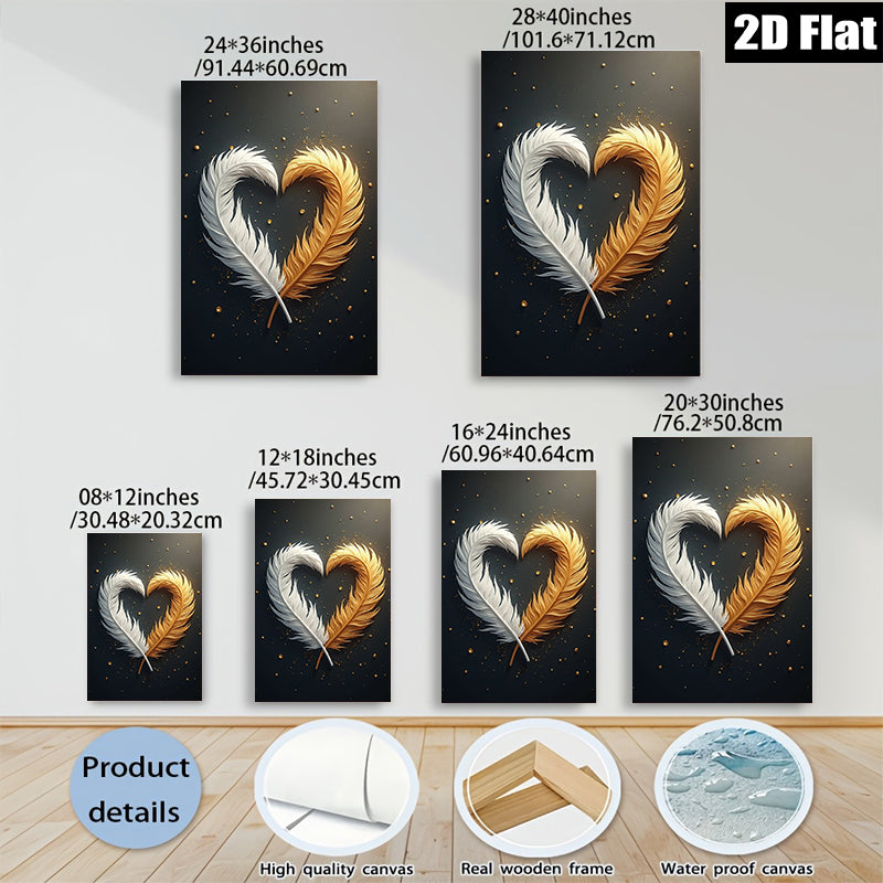 2D flat 1pc Golden White Feather Heart Wall Art Canvas Prints for Living Room Bedroom Modern Farmhouse Decor Gallery Wrapped Ready to Hang Teal Navy Gray