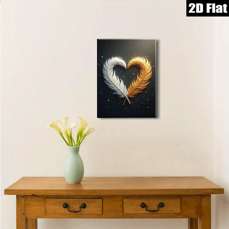 2D flat 1pc Golden White Feather Heart Wall Art Canvas Prints for Living Room Bedroom Modern Farmhouse Decor Gallery Wrapped Ready to Hang Teal Navy Gray