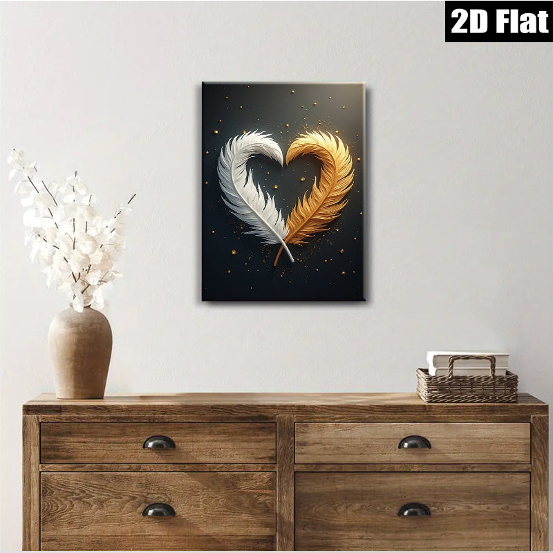 2D flat 1pc Golden White Feather Heart Wall Art Canvas Prints for Living Room Bedroom Modern Farmhouse Decor Gallery Wrapped Ready to Hang Teal Navy Gray