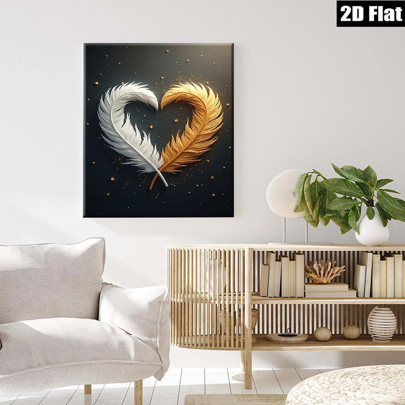 2D flat 1pc Golden White Feather Heart Wall Art Canvas Prints for Living Room Bedroom Modern Farmhouse Decor Gallery Wrapped Ready to Hang Teal Navy Gray