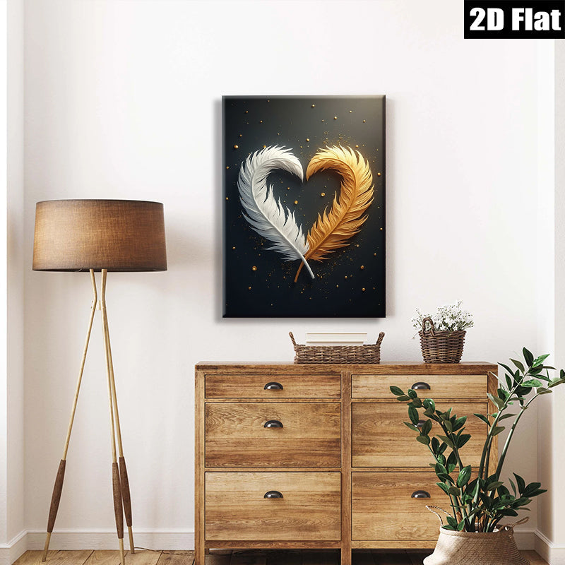 2D flat 1pc Golden White Feather Heart Wall Art Canvas Prints for Living Room Bedroom Modern Farmhouse Decor Gallery Wrapped Ready to Hang Teal Navy Gray