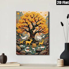 2D flat 1pc Golden Willow Deer Fish Landscape Wall Art Decor Living Room Bedroom Home Office Canvas Prints Modern Farmhouse Aesthetic Gallery Wrapped
