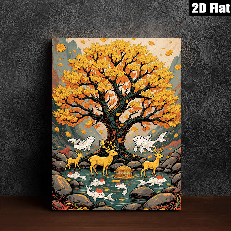 2D flat 1pc Golden Willow Deer Fish Landscape Wall Art Decor Living Room Bedroom Home Office Canvas Prints Modern Farmhouse Aesthetic Gallery Wrapped