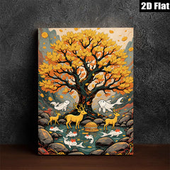 2D flat 1pc Golden Willow Deer Fish Landscape Wall Art Decor Living Room Bedroom Home Office Canvas Prints Modern Farmhouse Aesthetic Gallery Wrapped