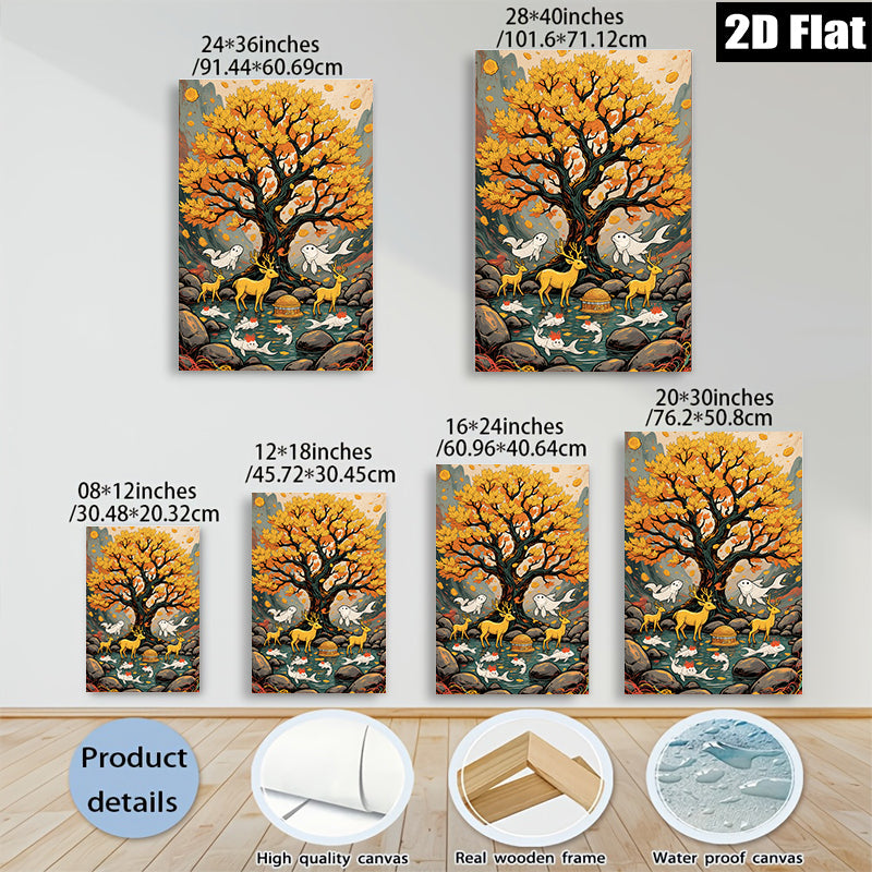 2D flat 1pc Golden Willow Deer Fish Landscape Wall Art Decor Living Room Bedroom Home Office Canvas Prints Modern Farmhouse Aesthetic Gallery Wrapped