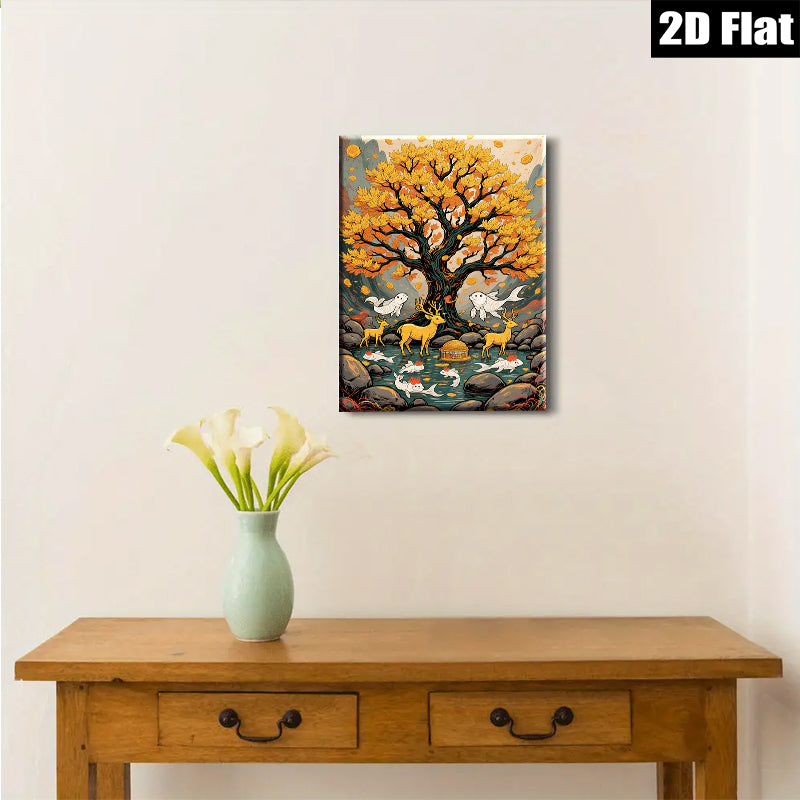 2D flat 1pc Golden Willow Deer Fish Landscape Wall Art Decor Living Room Bedroom Home Office Canvas Prints Modern Farmhouse Aesthetic Gallery Wrapped