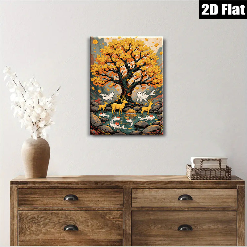 2D flat 1pc Golden Willow Deer Fish Landscape Wall Art Decor Living Room Bedroom Home Office Canvas Prints Modern Farmhouse Aesthetic Gallery Wrapped