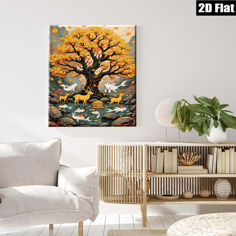 2D flat 1pc Golden Willow Deer Fish Landscape Wall Art Decor Living Room Bedroom Home Office Canvas Prints Modern Farmhouse Aesthetic Gallery Wrapped