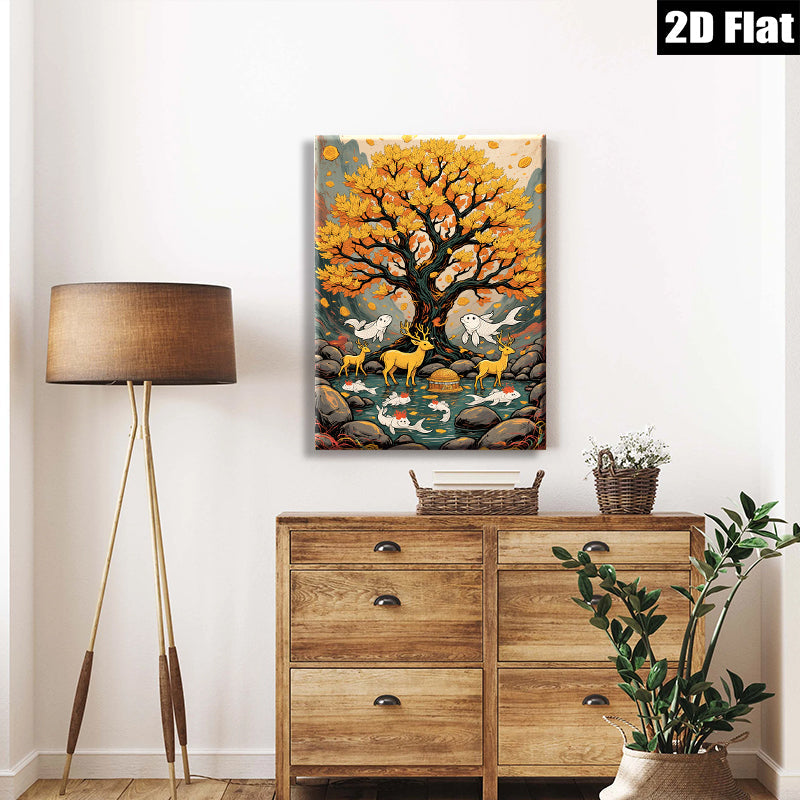 2D flat 1pc Golden Willow Deer Fish Landscape Wall Art Decor Living Room Bedroom Home Office Canvas Prints Modern Farmhouse Aesthetic Gallery Wrapped