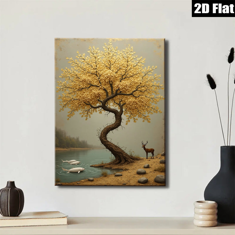 2D flat 1pc Golden Willow Lakeside Deer Wall Art Canvas Prints for Living Room Bedroom Home Decor Modern Farmhouse Rustic Aesthetic Gallery Wrapped