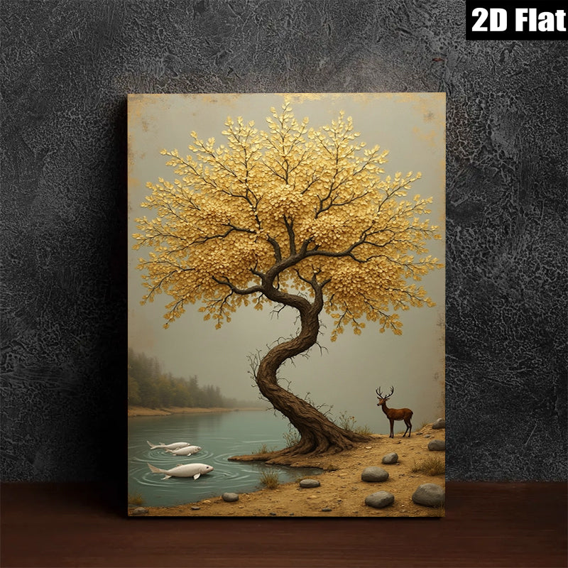 2D flat 1pc Golden Willow Lakeside Deer Wall Art Canvas Prints for Living Room Bedroom Home Decor Modern Farmhouse Rustic Aesthetic Gallery Wrapped