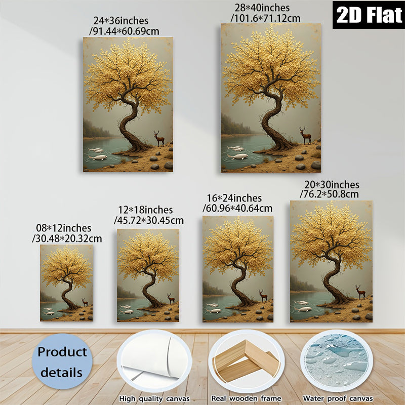 2D flat 1pc Golden Willow Lakeside Deer Wall Art Canvas Prints for Living Room Bedroom Home Decor Modern Farmhouse Rustic Aesthetic Gallery Wrapped