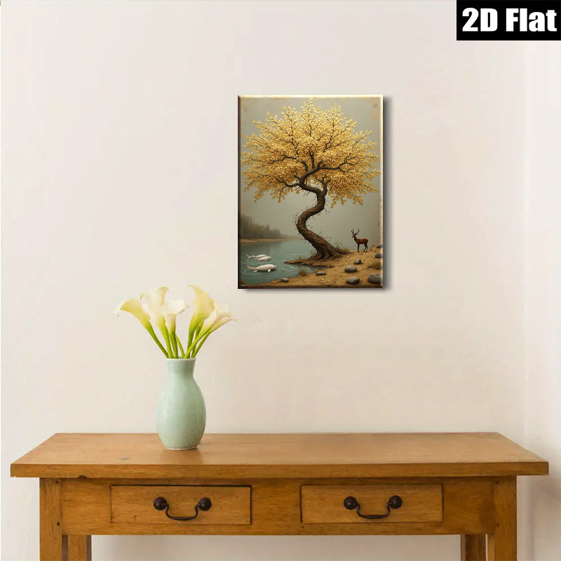2D flat 1pc Golden Willow Lakeside Deer Wall Art Canvas Prints for Living Room Bedroom Home Decor Modern Farmhouse Rustic Aesthetic Gallery Wrapped