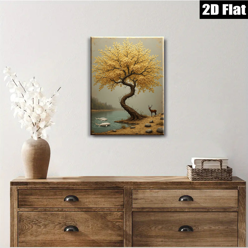 2D flat 1pc Golden Willow Lakeside Deer Wall Art Canvas Prints for Living Room Bedroom Home Decor Modern Farmhouse Rustic Aesthetic Gallery Wrapped