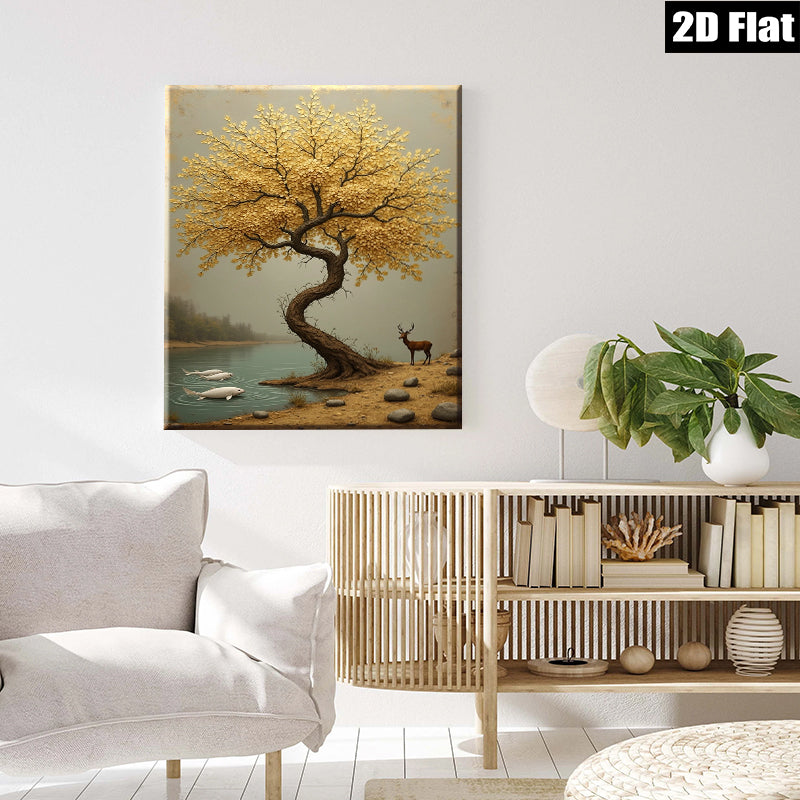 2D flat 1pc Golden Willow Lakeside Deer Wall Art Canvas Prints for Living Room Bedroom Home Decor Modern Farmhouse Rustic Aesthetic Gallery Wrapped