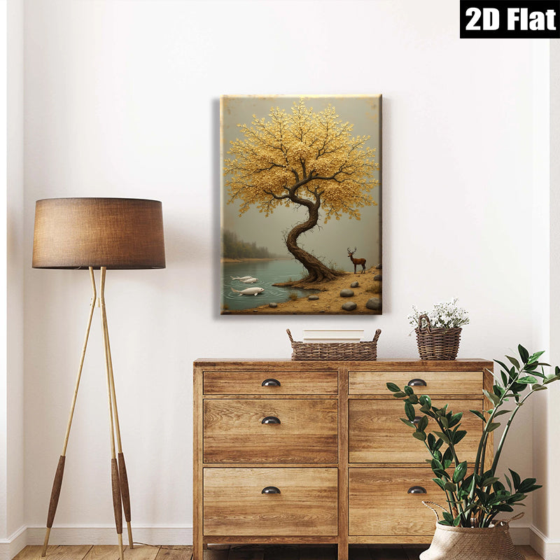 2D flat 1pc Golden Willow Lakeside Deer Wall Art Canvas Prints for Living Room Bedroom Home Decor Modern Farmhouse Rustic Aesthetic Gallery Wrapped