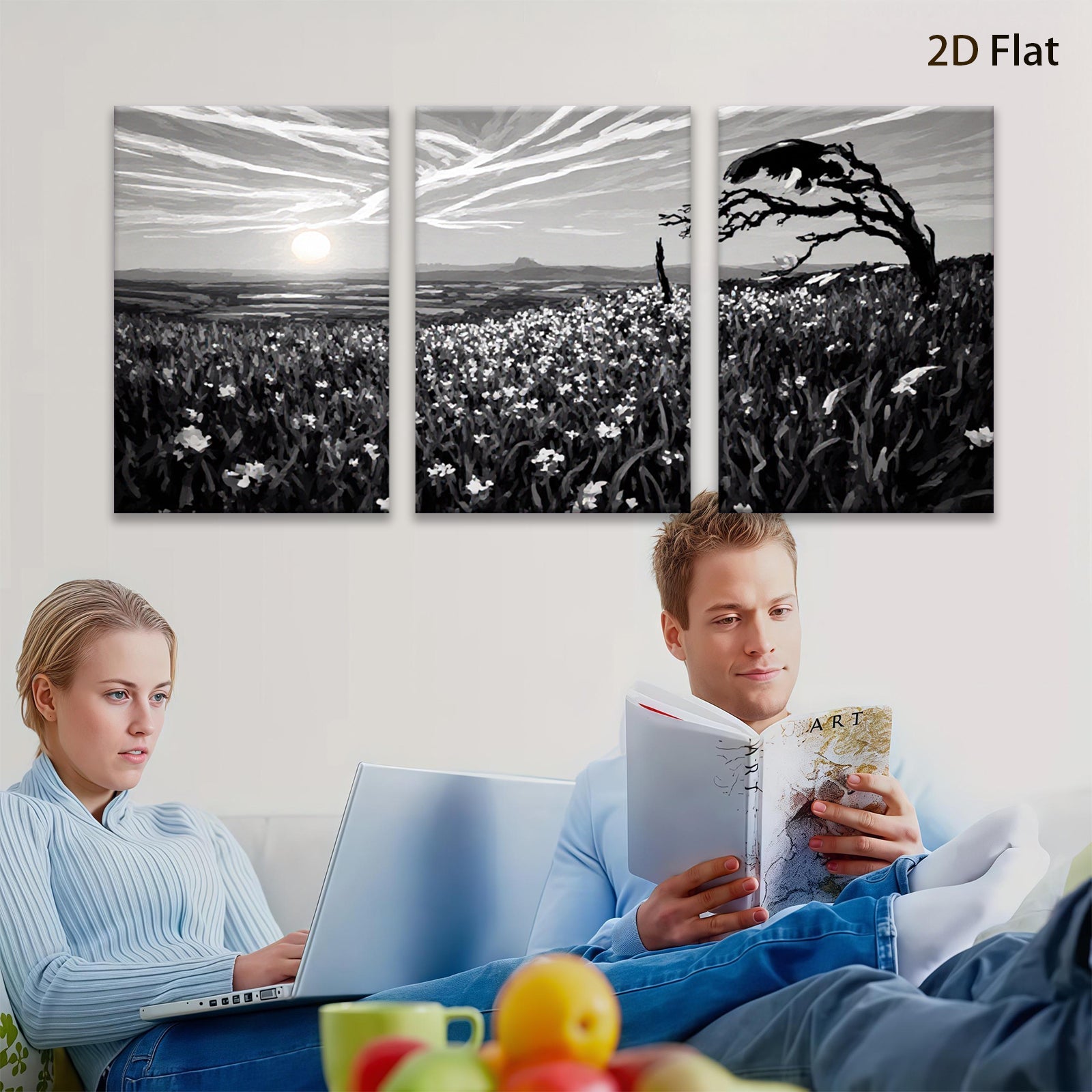 2D flat 1pc Golden wildflower field distant mountains rustic farmhouse wall decor living room bedroom art prints gallery wrapped canvas prints modern botanical nature