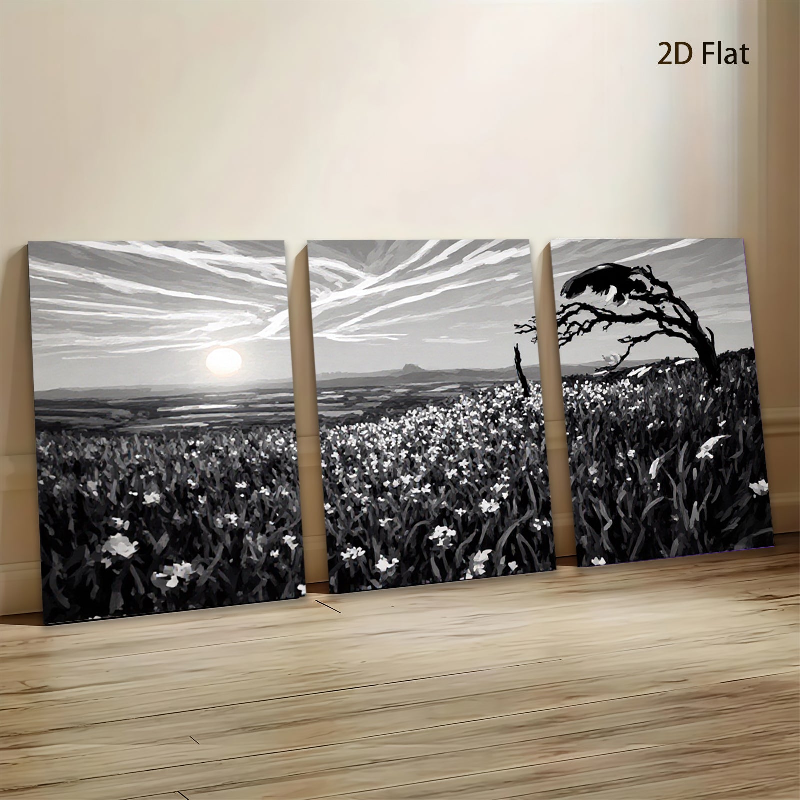 2D flat 1pc Golden wildflower field distant mountains rustic farmhouse wall decor living room bedroom art prints gallery wrapped canvas prints modern botanical nature