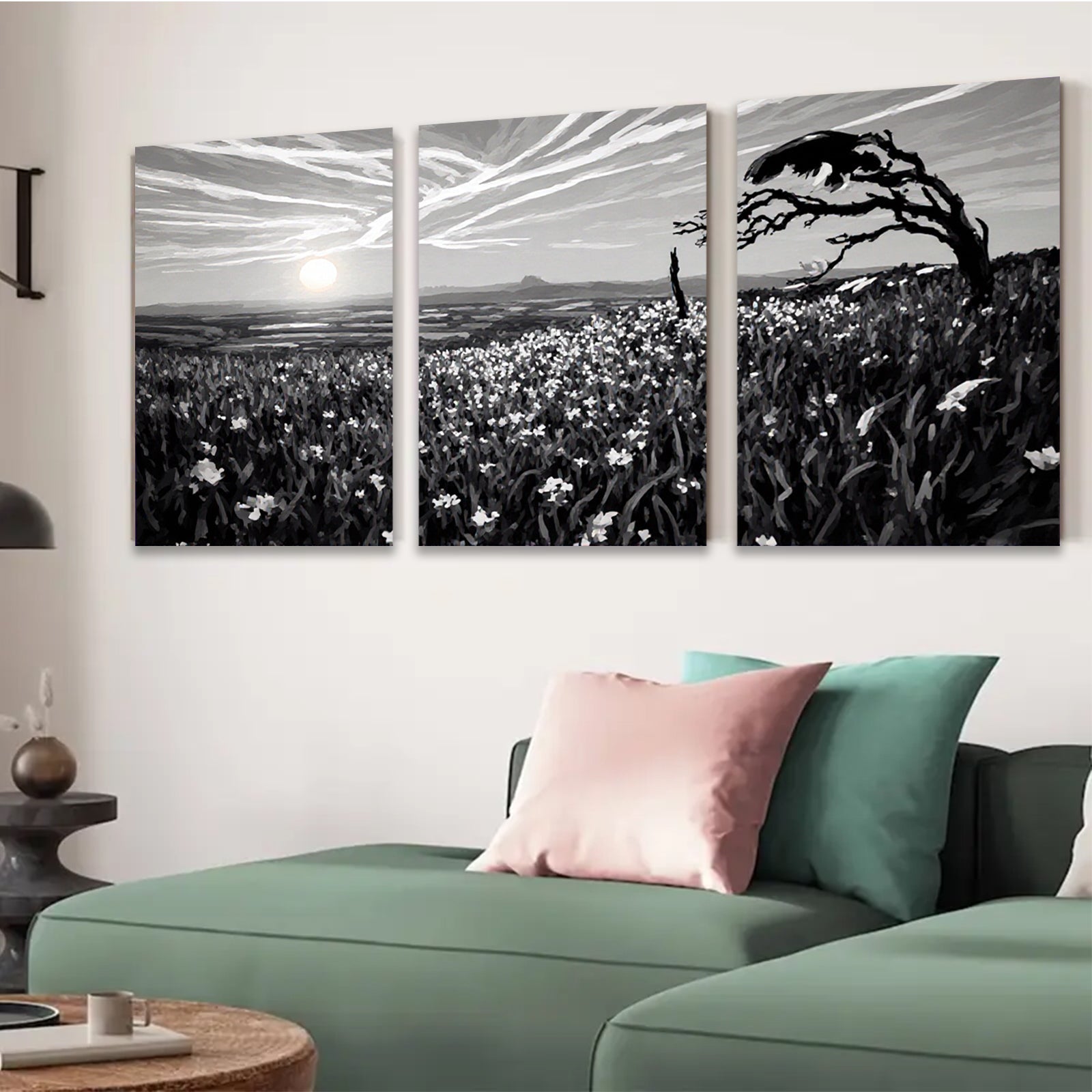 2D flat 1pc Golden wildflower field distant mountains rustic farmhouse wall decor living room bedroom art prints gallery wrapped canvas prints modern botanical nature