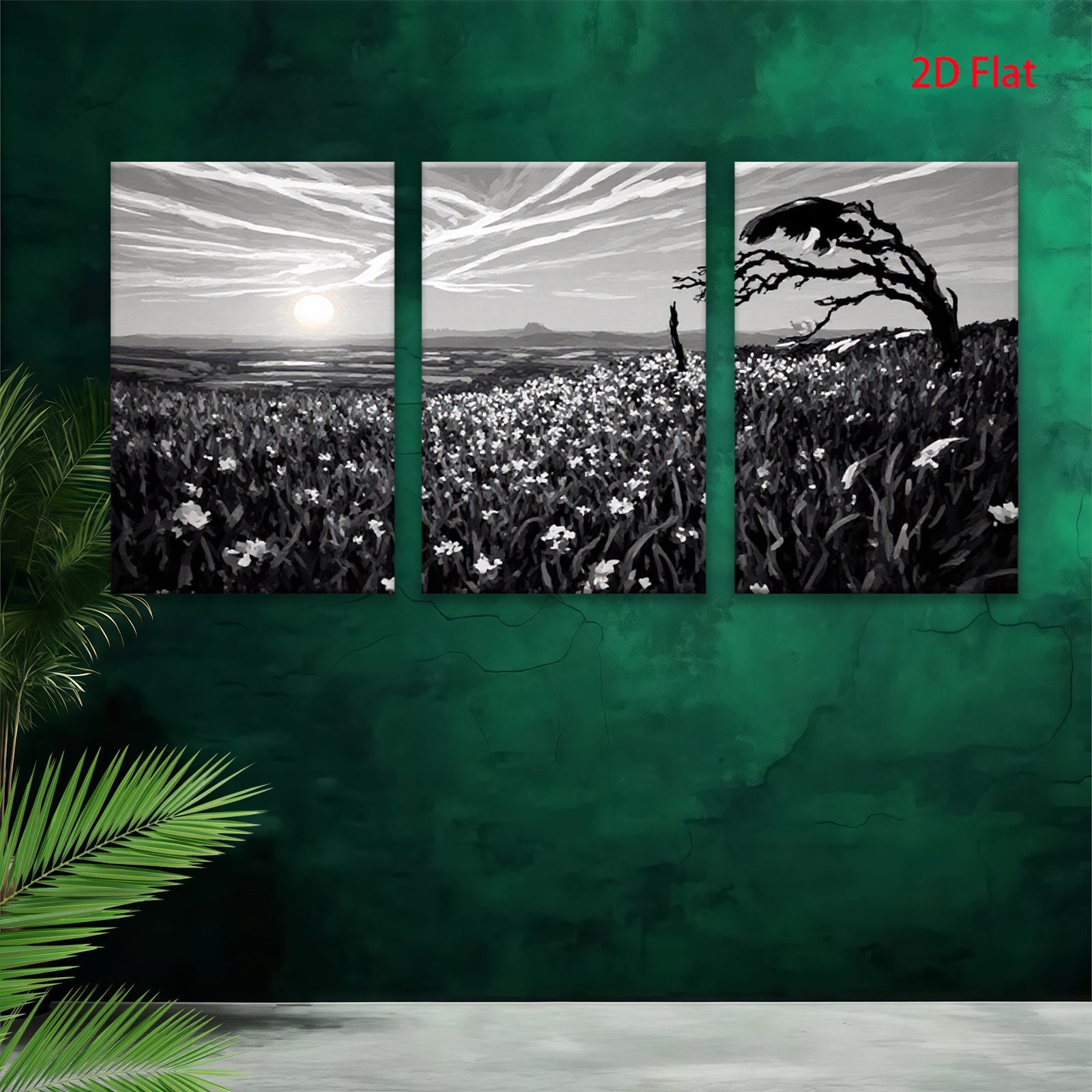 2D flat 1pc Golden wildflower field distant mountains rustic farmhouse wall decor living room bedroom art prints gallery wrapped canvas prints modern botanical nature