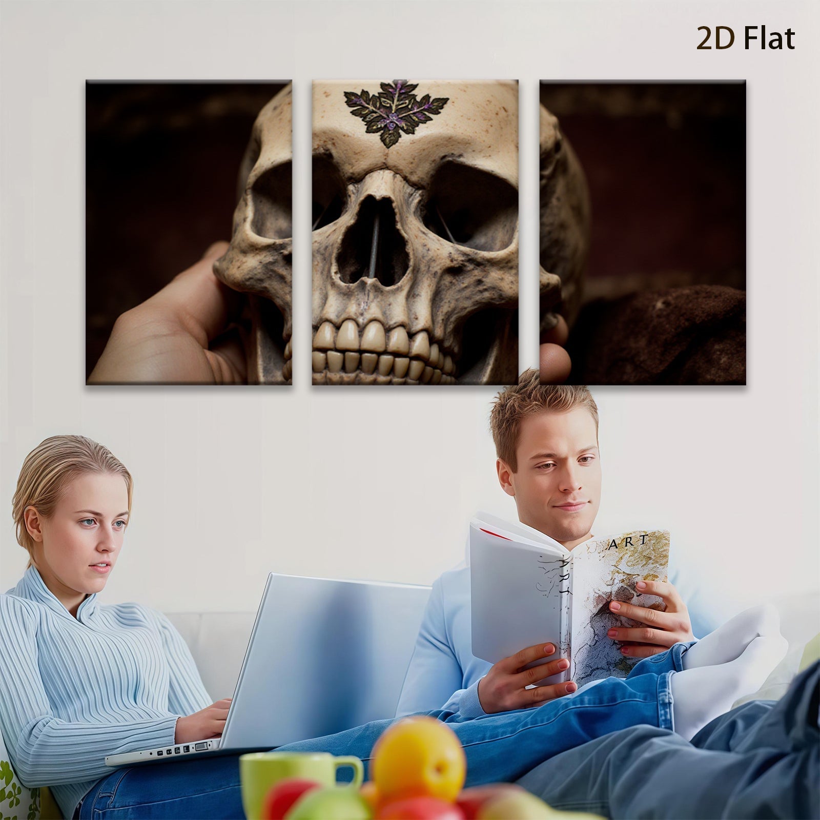 2D flat 1pc Gothic Skull Floral Design Wall Art Canvas Prints for Living Room Bedroom Decor Gallery Wrapped Modern farmhouse style spooky Halloween gifts