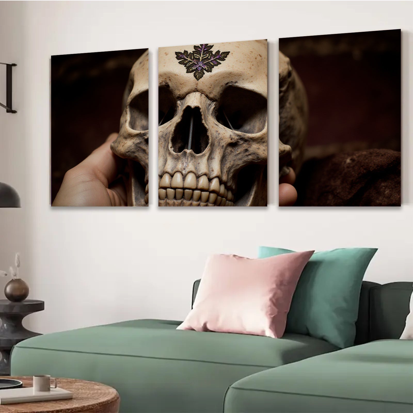 2D flat 1pc Gothic Skull Floral Design Wall Art Canvas Prints for Living Room Bedroom Decor Gallery Wrapped Modern farmhouse style spooky Halloween gifts