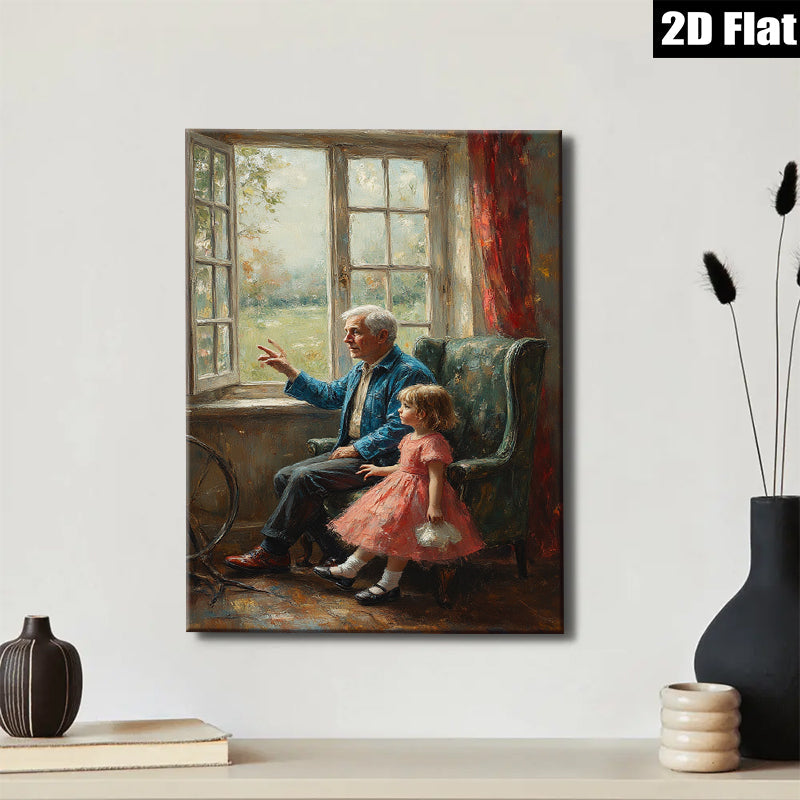 2D flat 1pc Grandfather shares stories with granddaughter near window farmhouse wall art living room bedroom decor gallery wrapped canvas prints for home
