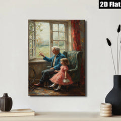 2D flat 1pc Grandfather shares stories with granddaughter near window farmhouse wall art living room bedroom decor gallery wrapped canvas prints for home