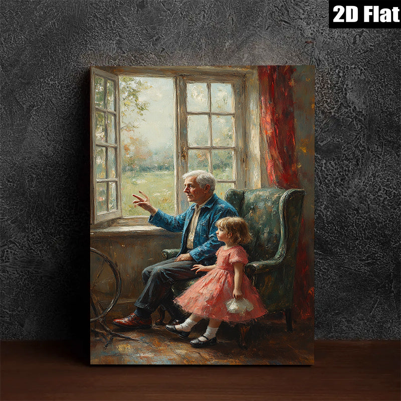 2D flat 1pc Grandfather shares stories with granddaughter near window farmhouse wall art living room bedroom decor gallery wrapped canvas prints for home