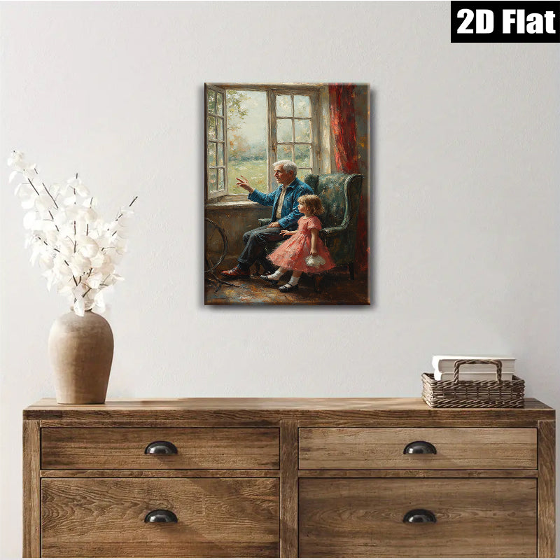 2D flat 1pc Grandfather shares stories with granddaughter near window farmhouse wall art living room bedroom decor gallery wrapped canvas prints for home