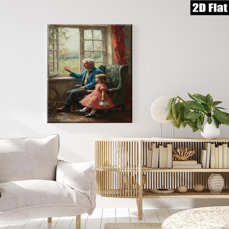 2D flat 1pc Grandfather shares stories with granddaughter near window farmhouse wall art living room bedroom decor gallery wrapped canvas prints for home
