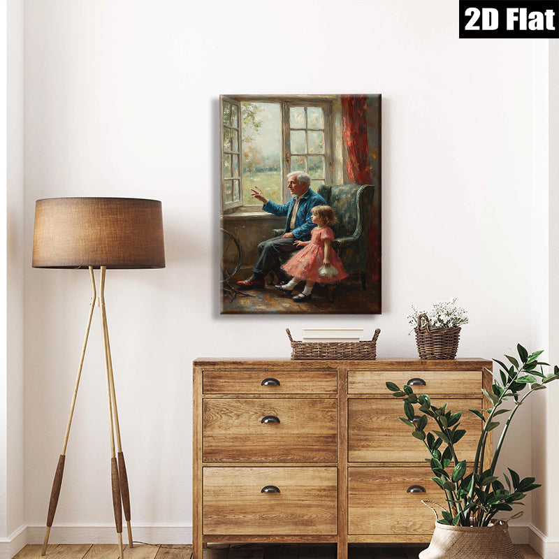 2D flat 1pc Grandfather shares stories with granddaughter near window farmhouse wall art living room bedroom decor gallery wrapped canvas prints for home