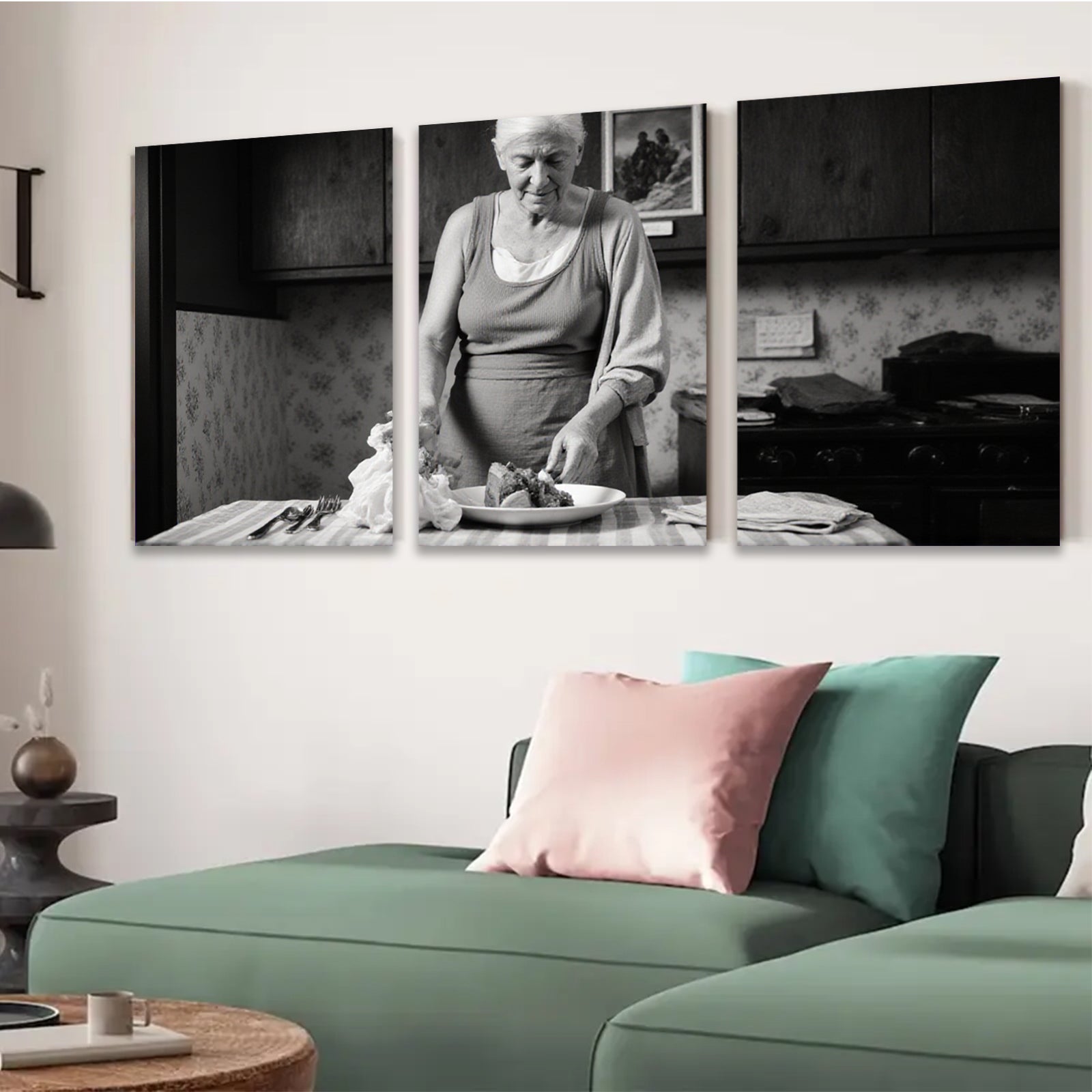 2D flat 1pc Grandma prepares simple family meal rustic kitchen farmhouse wall decor living room bedroom gallery wrapped canvas print modern minimalist art