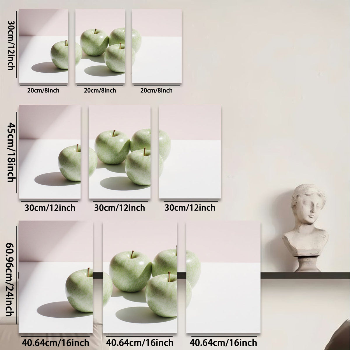 2D flat 1pc Green Apples Still Life Modern Farmhouse Wall Art Kitchen Dining Room Decor Gallery Wrapped Canvas Prints Ready to Hang Minimalist Aesthetic