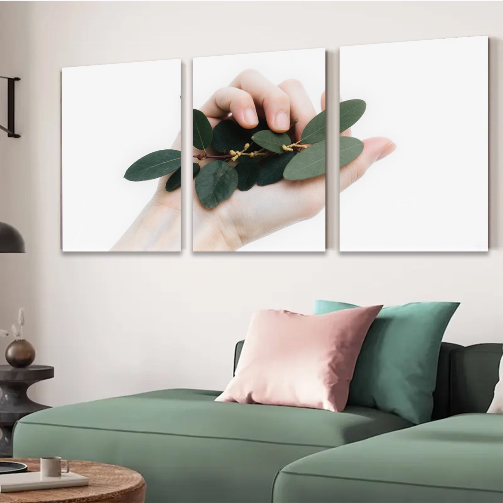 2D flat 1pc Hand holding vibrant green foliage botanical wall art farmhouse decor living room bedroom gallery wrapped canvas prints modern minimalist style