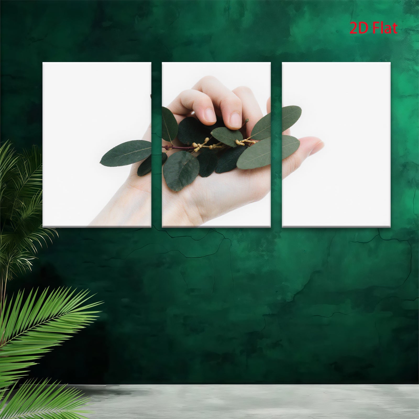 2D flat 1pc Hand holding vibrant green foliage botanical wall art farmhouse decor living room bedroom gallery wrapped canvas prints modern minimalist style